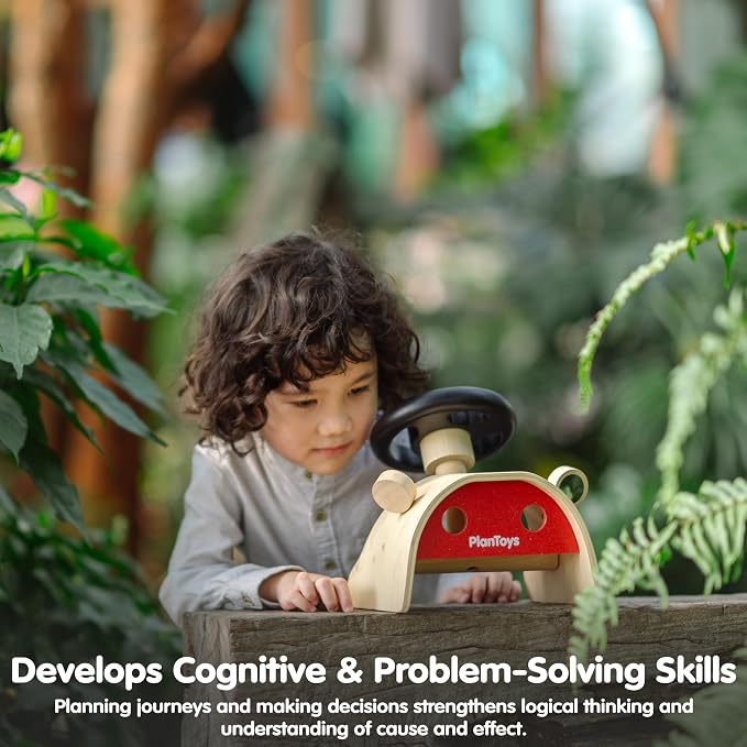 PlanToys® Wooden Driving Console Montessori Kids Pretend Play Dashboard Toy | steering wheel gear shift controls, wooden driving console, montessori pretend play dashboard, role play coordination, kids t