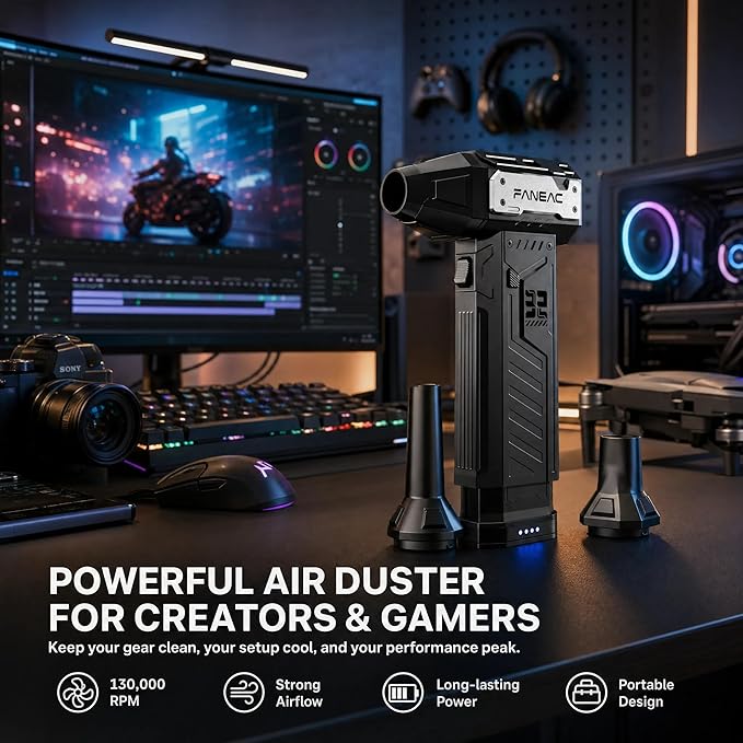 Compressed Air Duster - 2 Swappable Battey Packs and 4 Nozzles, Rechargeable Air Duster, 3-Speed Cordless Air Duster for Dust/Snow Cleaning (2-yr Warranty)
