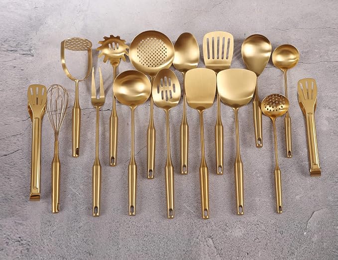 Gold Cooking Utensils Set - 16 PCS All Metal Small and Large Spoons Set | 18/10 Stainless Steel Kitchen Tools, 15″ Serving Utensil - Whisk, Masher, Fork, Tongs, Spatula, Turner, Ladle, Skimmer, Pasta