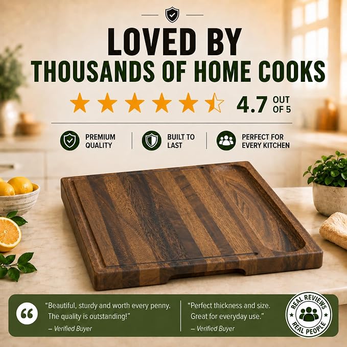 SHUMARU Exotic Suar Wood Cutting Board – 17x13x1.6" Charcuterie | Handmade in Bali - Silky-Smooth, Juice Groove, Sorting Compartment, Knife‑Friendly, Ergonomic Grips & Non‑Slip Feet