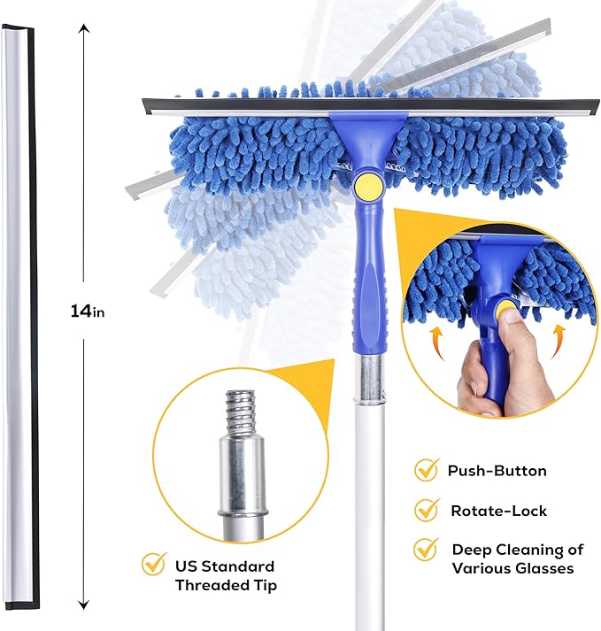 Kleen Handler 2-in-1 Window Squeegee with 4–12 ft Telescopic Extension Pole, Window Washing Kit for Home & Commercial Glass Doors, High Windows, 2 Sleeves Included