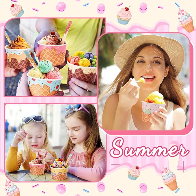 Nuogo 360 Pcs 180 Sets Ice Cream Cups with Spoons Bulk 9.5 oz Disposable Paper Ice Cream Bowls Colorful Dessert Cups Containers for Yogurt Sundae Bar Supplies Summer Gatherings Birthday Party
