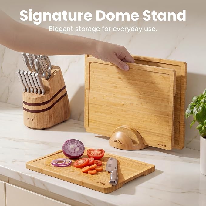 SMIRLY Cutting Boards for Kitchen, 3 Piece Bamboo Cutting Board with Stand | Non Toxic Wooden Cutting Board with Juice Grooves and Handles, Multiple Sizes Chopping Boards for Meat Vegetable Charcuterie
