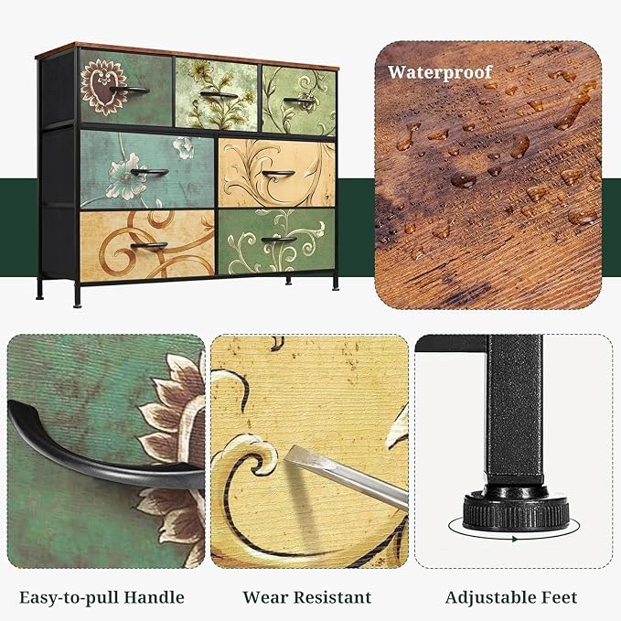 7-Drawer Dresser for Bedroom, Anti-Tip Wide Storage Organizer Fabric Chest of Drawers TV Stand for 45" TV with Wooden Top and Metal Frame for Closet, Living Room, Hallway, Entryway, Floral Painted