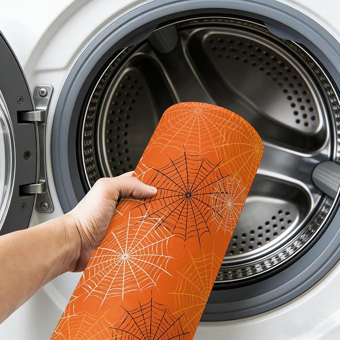 Entryway Area Rug 2'x3', Orange Halloween Washable Small Area Rugs for Kitchen Bathroom Bedroom Office Laundry, Black White Net Halloween Non Slip Door Mat Indoor Entrance Floor Throw Carpet