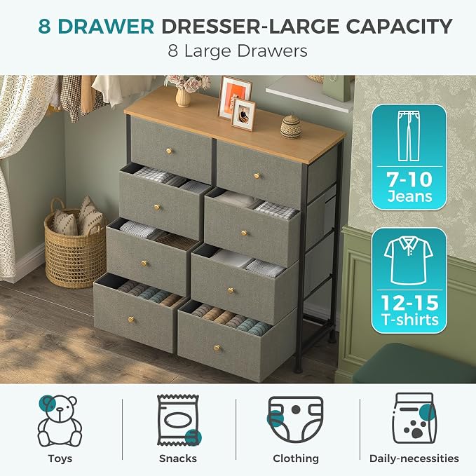 OLIXIS 8 Drawer Storage Dresser with Wood Top - Wide Fabric Chest Organizer for Bedroom, Closet, Living Room,Tower Cabinet, TV Stand, Hallway Entryway Furniture,Dark Green