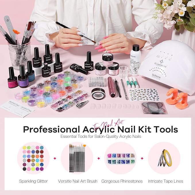 Glamonade Acrylic Nail Kit for Beginners: 0 Experience Needed to Complete Acrylic Nail Starter Kit with 48W Nail Lamp & Drill for Home DIY Manicure