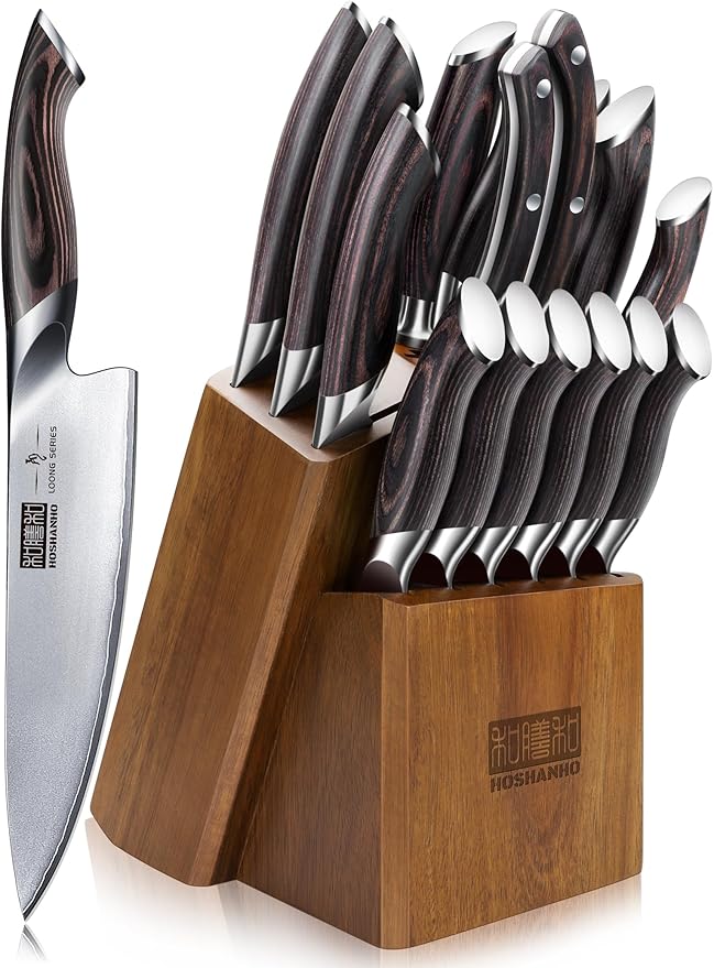 HOSHANHO 16PCS Knife Set, Ultra Sharp Japanese Kitchen Knife Set with Block | Japanese High Carbon Stainless Steel Cooking Knife set, Multipurpose Chef Knives Set with Sharpener, Ergonomic Handle, Gifts