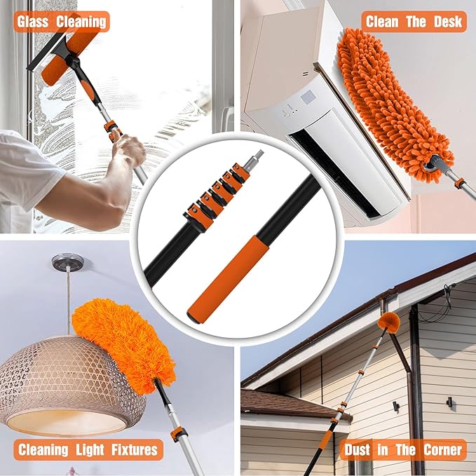 26FT Reach Duster Kit, Window Cleaning with 5-20FT Telescoping Extension Pole, High Ceiling Duster, Microfiber Feather Duster, Cobweb Duster, Window Squeegee, Feather Duster, Extendable Pole Kit