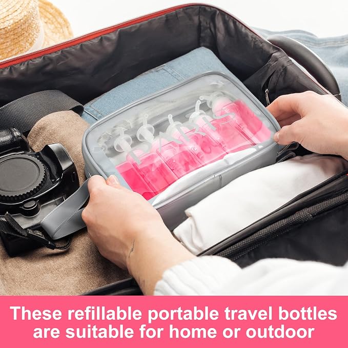 Domensi 12 Pcs 100ml /3.4 oz Pump Bottle Mini Travel Bottles Small Dispenser Containers Plastic Pump Lotion Dispenser Empty Square Travel Size Containers Toiletries (Transparent Pink)