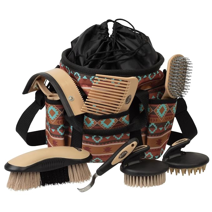 Weaver Equine Horse Grooming Kit, 7-Piece Horse Brush Set with Organizer Tote Bag, Hoof Pick, Comb, Sweat Scraper, Equine Tools for Daily Grooming, Lost Creek