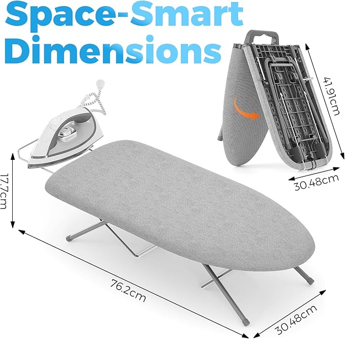 KINGBOARD Tabletop Ironing Board, Small Ironing Boards with Iron Rest, Folding Iron Board, Extra Thick Cover, Portable Tabletop Ironing Board with Non-Slip Feet, 30x12 Grey