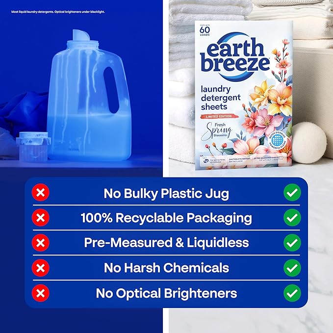 Earth Breeze Laundry Detergent Sheets Fresh Spring Blossoms - 60 Loads - Eco Laundry Sheets - Travel Laundry Soap Sheets for Hot & Cold Cycles - Tackles Tough Stains & Odors - Gentle on Skin, 30 Ct