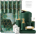 25 Pieces Bathroom Set Green and Gold Bathroom Accessories Set, Shower Curtain and Rugs, Trash Can, Toilet Brush, Soap Dispenser, Soap Dish, Toothbrush Holder, Tumbler, Tray, Qtip Holder