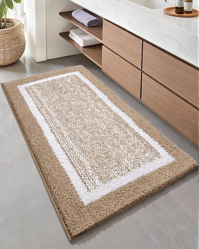 Color&Geometry Bathroom Runner Non Slip, 24"x43" Khaki Bath Runner Rug, Absorbent, Soft, Washable, Microfiber Bath Mat Bathroom Carpet