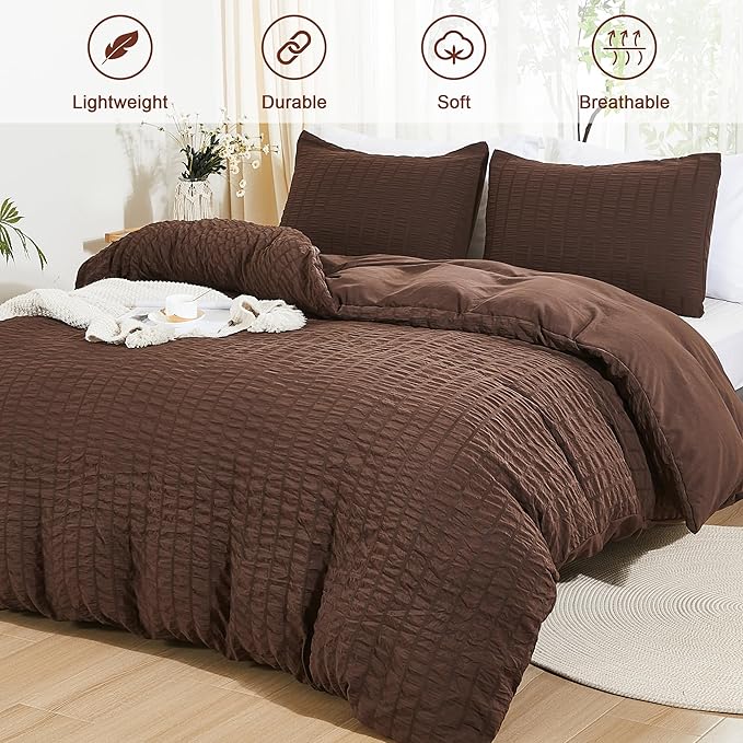 AveLom Brown Duvet Cover Full(80 x 90 inches), 3 Pieces (1 Duvet Cover, 2 Pillow Cases),Seersucker Tripe Soft Washed Microfiber Textured Duvet Cover Set with Zipper Closure, Corner Ties