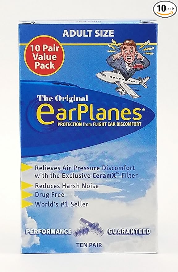 Original Adult EarPlanes by Cirrus Healthcare Earplugs Airplane Travel Ear Protection 10 Pair SUPER BONUS PACK
