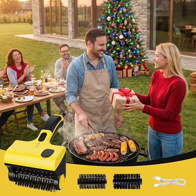BBQ Grill Brush for Outdoor Grill, Electric Grill Cleaner with Water Tank Cordless Rechargeable BBQ Tool Spin Grill Cleaner Brush with 2 Removable Brush Head BBQ Grill Brush