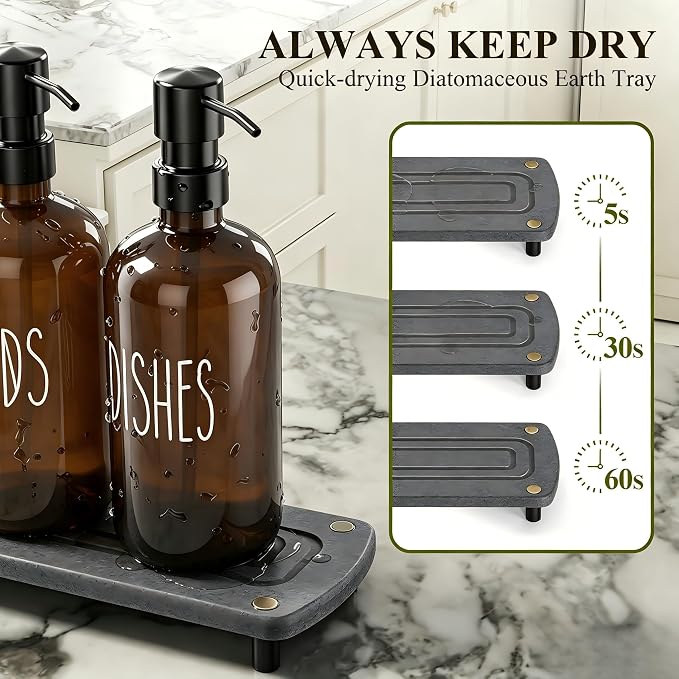 Cisily Amber Kitchen Soap Dispenser Set with Ceramics Sponge Holder | Black Metal Pump Head, Quick-Drying Soil Plate
