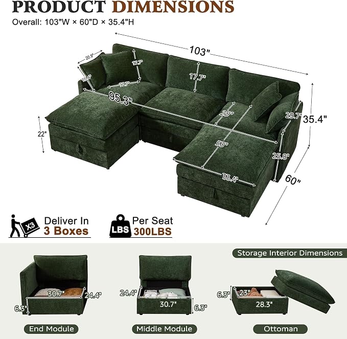 Ihanherry 103” Modular Sectional Sofa with Storage, U Shaped Cloud Couch with Movable Ottomans & 4 Pillows, Chenille Deep Seat Sectional Couches for Living Room, Apartment (Green)