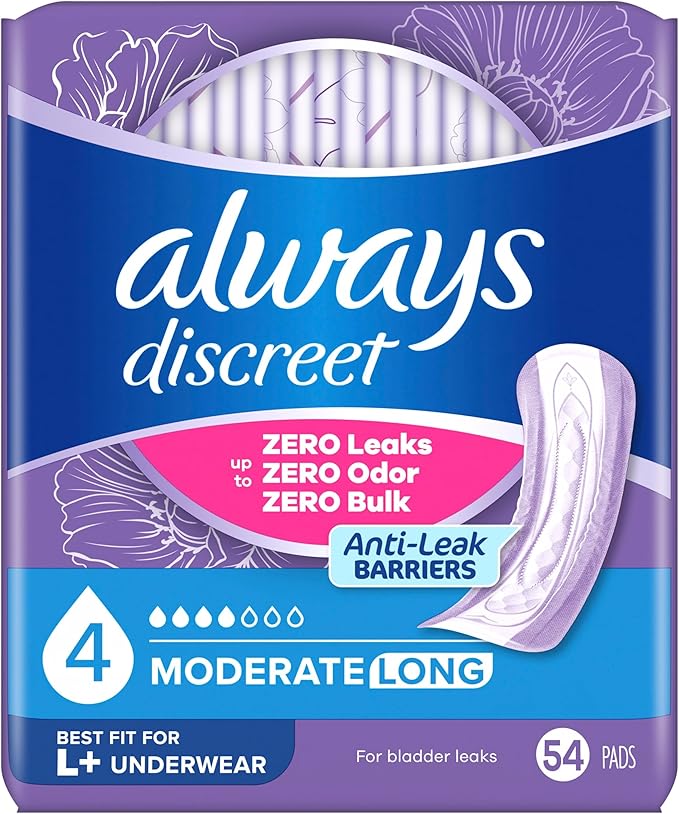 Always Discreet Adult Incontinence Pads for Women, Drier, 4 Drop Long Length, Moderate Absorbency, Pads for Bladder Control Management, Bladder Leaks, & Postpartum Pads, 54ct
