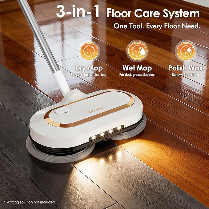 AlfaBot Cordless Electric Mop for Floor Cleaning, Dual Spin with LED Headlight, Water Spray, Long-Lasting Battery, Self-Propelled Floor Cleaner with Adjustable Tube for All Floors