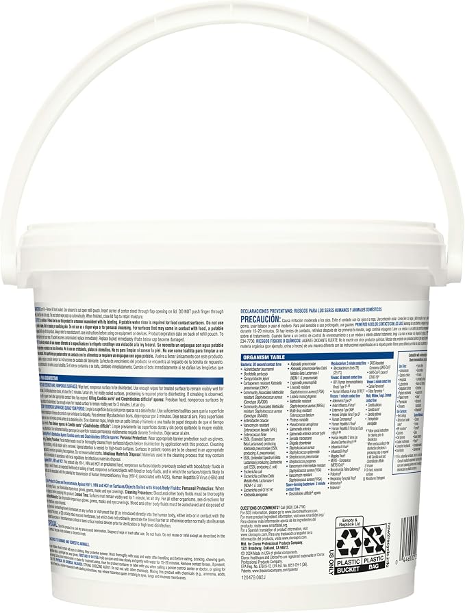 Clorox Healthcare Bleach Germicidal Wipes Bucket, 12" x 12", 110 Count Bucket (Package May Vary)