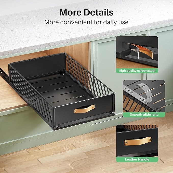Pull out Cabinet Organizer,Heavy Duty Slide out Pantry Shelves Drawer Storage with Adhesive Nano Film,Sliding Mesh Cabinet Basket with Handle for Kitchen, Bathroom, Home, 13.8"W X 21"D X6.2"H,Black