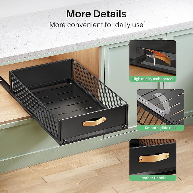 Pull out Cabinet Organizer,Heavy Duty Slide out Pantry Shelves Drawer Storage with Adhesive Nano Film,Sliding Mesh Cabinet Basket with Handle for Kitchen, Bathroom, Home, 15.8"W X 21"D X6.2"H,Black