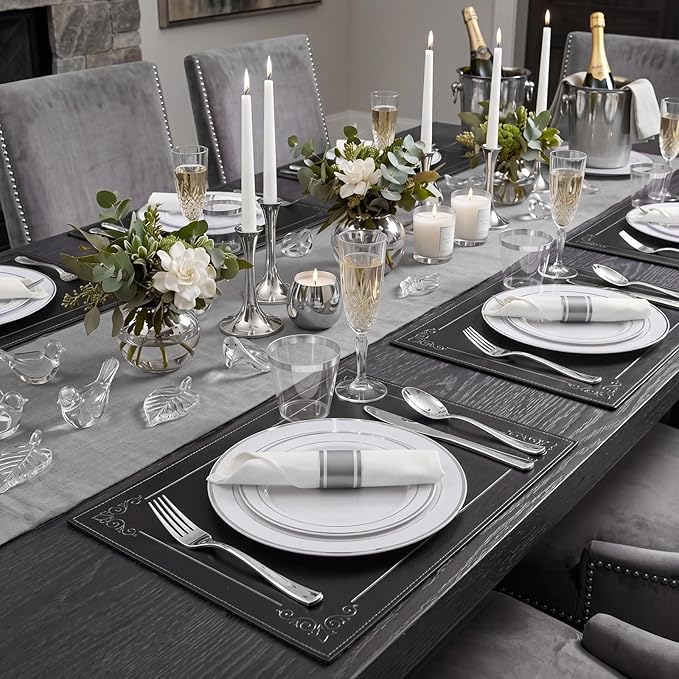 WDF Partyware 350Piece Silver Plastic Dinnerware Set for 50 Guests - Silver Plastic Plates with Cutlery Include:50Dinner Plates-50Dessert Plates-50Pre Rolled Napkins with Silverware Party Wedding