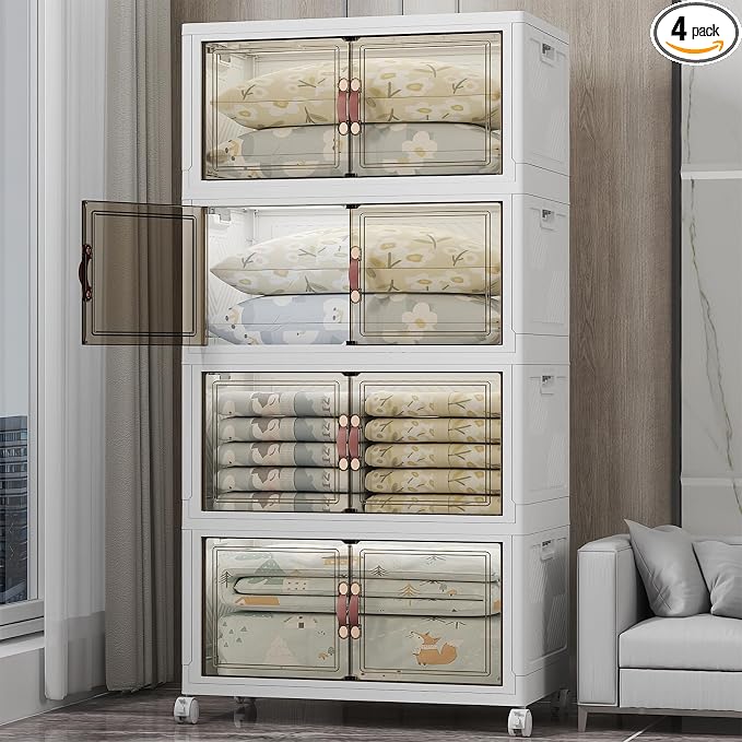 700QT Stackable Storage Bins with Lids, Storage Cabinet with Wheels | Clear Doors Lockable Storage Bins Collapsible Closet Organizer for Space Saving Easy Assembly Extra Large Capacity Heavy Duty