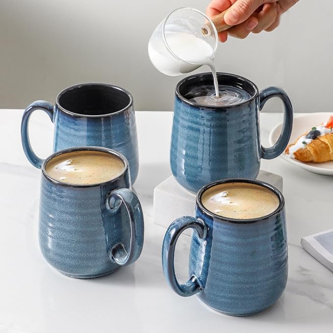 HASENSE Coffee Mugs Set of 4, 12 Ounce Ceramic Coffee Cups with Handle, Large Mug Set for Latte, Tea, Chocolate, Modern Cup Gift for Men and women, Dishwasher & Microwave Safe(Blue)
