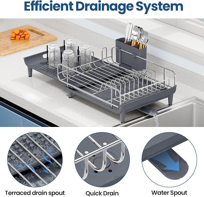 NTD Expandable Dish Drying Rack for Kitchen Counter, 16.7"-26.8", Gray | Large Multifunctional Dish Drainers, Anti-Rust, with Cutlery & Cup Holders, Self-Draining Drainboard, FIts for 4-5 People