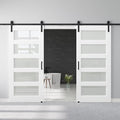 64" x 80" Pre-Assembled Double Barn Doors and 12FT Sliding Door Hardware Kit Included, 5-Lites Frosted Glass Sliding Barn Door for Closet Bathroom Bedroom, Solid & Water-Resistant MDF, Paintable