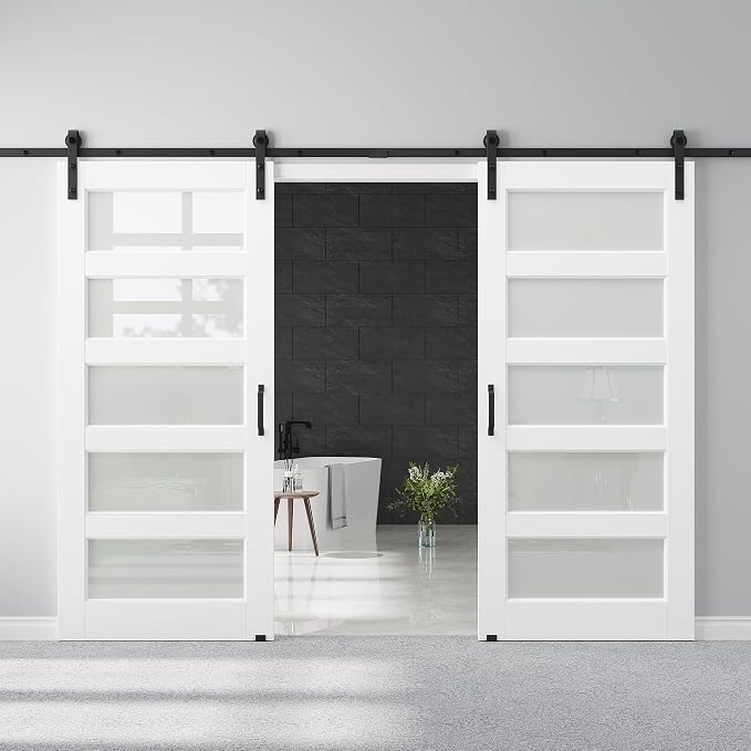 64" x 80" Pre-Assembled Double Barn Doors and 12FT Sliding Door Hardware Kit Included, 5-Lites Frosted Glass Sliding Barn Door for Closet Bathroom Bedroom, Solid & Water-Resistant MDF, Paintable