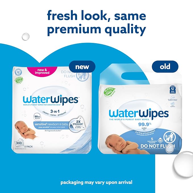 WaterWipes Sensitive+ Newborn & Baby Wipes, 3-In-1 Cleans, Cares, Protects, 99.9% Water, Unscented & Hypoallergenic, 900 Count (15 Packs)