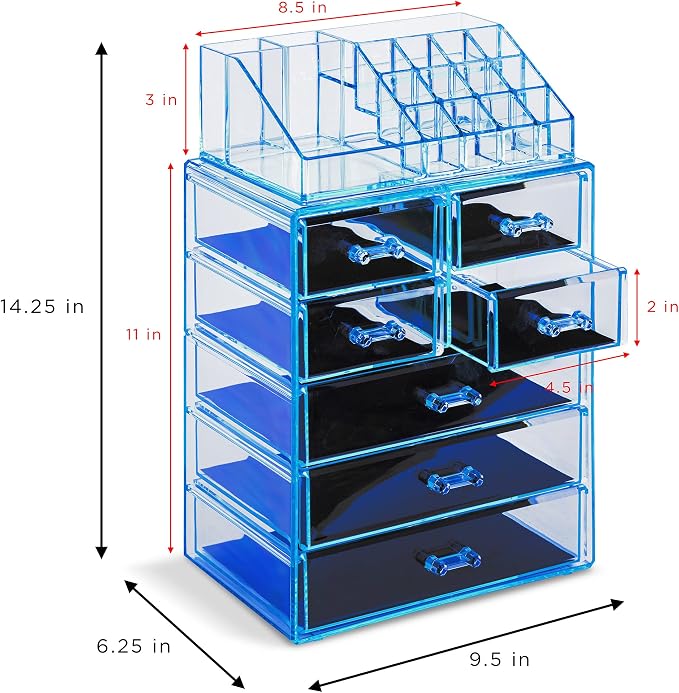 Sorbus Acrylic Makeup Organizer Set, 7-Drawer Vanity & Countertop Cosmetic Storage with Small & Wide Compartments, Blue Brilliance Makeup Storage for Brushes, Jewelry – Holiday Gift for Women & Teens