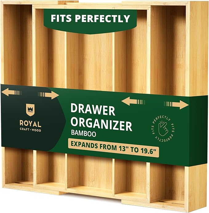 Luxury Bamboo Kitchen Drawer Organizer - Silverware Organizer - Utensil Holder and Cutlery Tray with Grooved Drawer Dividers for Flatware and Kitchen Utensils (5 Slot, Natural)
