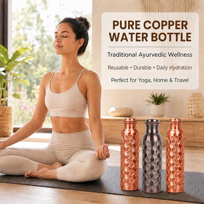 Copper Water Bottle,Ayurvedic Pure Copper Bottle For Drinking - Drink More Water, Lower your Sugar Intake And Enjoy The health Benefits Immediately - 32 Oz(1Cleaning Brush +3 Diamond Bottle)