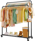 Sakugi Clothes Rack - Double Rods Clothing Rack with Mesh Shelf, Hooks & Wheels, Metal Clothing Racks for Hanging Clothes & Bags, Multifunctional Garment Rack for Laundry, Black, 47.2" x 16.9" x 59.1"