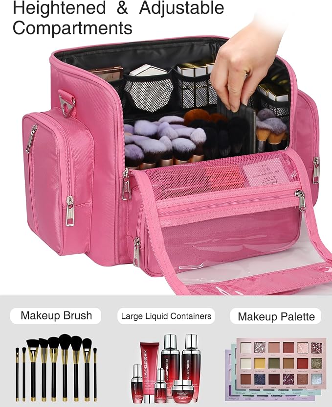 NAONAYA Pink Makeup Brush Bag, Clear Makeup Brush Holder with Lid, Extra Large Capacity Travel Cosmetic Bag Makeup Artist Must Haves,Make Up Organizers and Storage, with Adjustable Dividers
