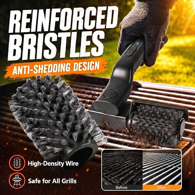 Electric Grill Brush- 24kg Max Torque BBQ Cleaner with 3-Speed Modes- 200-Min Runtime- 7-Level Adjustable Angle, Reinforced Bristles, Safe for Porcelain, Cast Iron, Stainless Steel & Outdoor Grills
