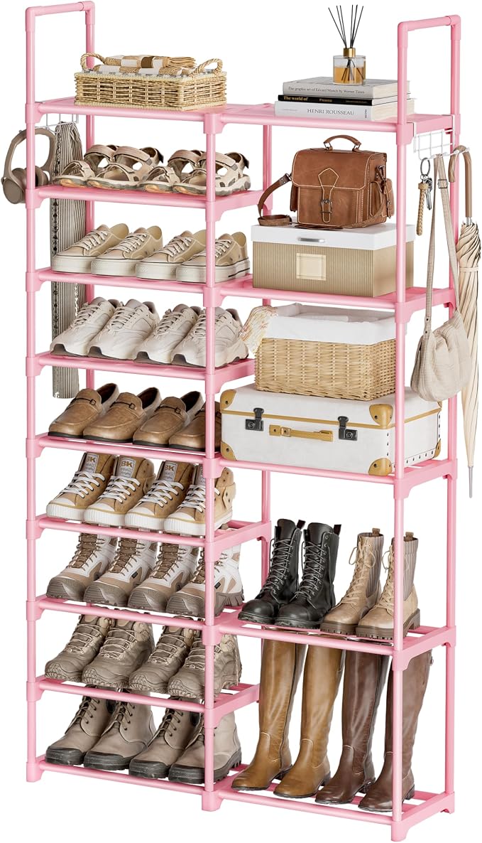 WOWLIVE 9 Tiers Large Shoe Rack White Shoe Rack Organizer for Closet 50-55 Pairs Stackable Heavy Duty Shoe Shelf Shoe Storage with Metal Pipes Plastic Pink
