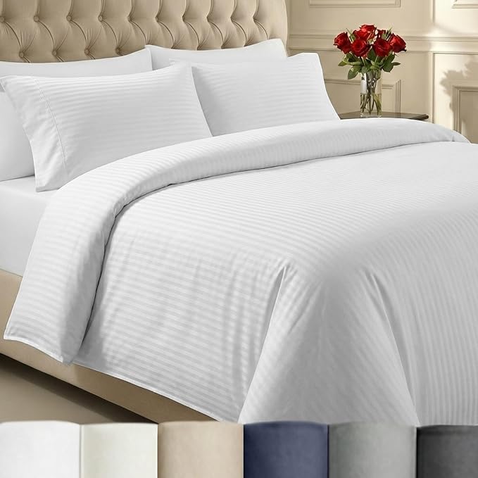 California Design Den Stripe Duvet Cover Queen Size, 400 Thread Count Sateen 100% Cotton Comforter Cover, 2 Pillow Shams, 3-Pc Bedding Set, Button Closure, Corner Ties (White Stripes, Full/Queen)