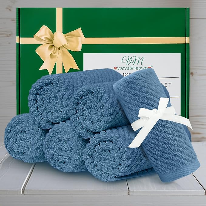 VOOVA & MOVAS Washcloths 6PC, 100% Cotton, 13x13 in, Denim Blue | Thick, Quick Dry, Soft, Absorbent, Wash Cloths For Your Face And Body, Bathroom Essentials