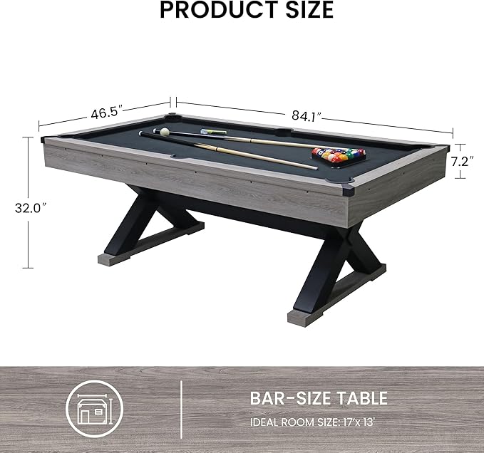 KEIKI 7FT Pool Table with Billiard Balls, Cues, Pool Cue Chalk, | Cleaning Brush, X-Legs, Black Cloth, Rustic Grey