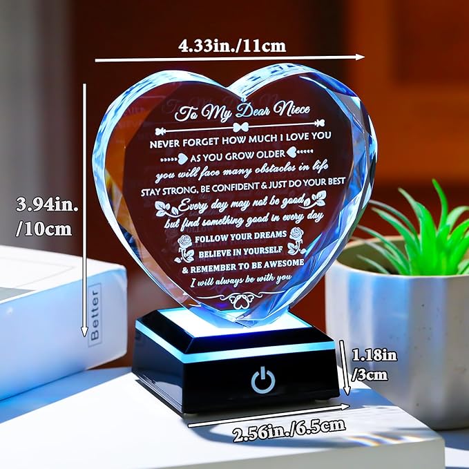 Arikyrist Niece Gifts from Auntie Uncle with Colorful LED Base, Inspirational Birthday Graduation Gifts for Niece from Aunt, Heart Crystal keepsake To My Nieces Present on Christmas