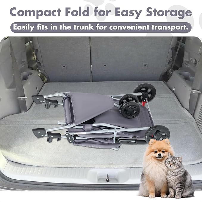 DUMOS 3 Wheels Pet Stroller for Small Dogs and Cats, Foldable Dog Stroller with Mesh Windows, Storage Basket & Cup Holder, Lightweight & Durable Pet Carrier for Outdoor Use, Grey