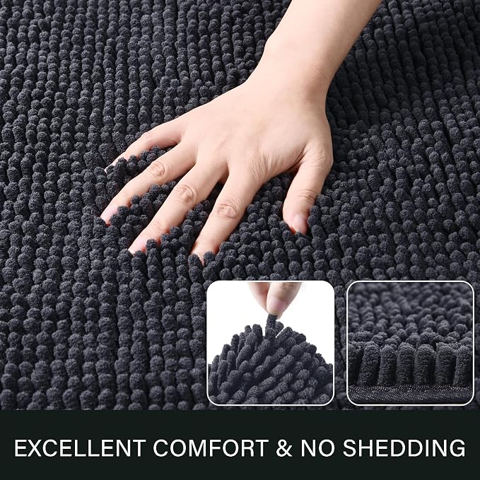 LOCHAS Luxury Bathroom Rug Shaggy Bath Mat 24 x 70 Inch, Dark Grey | Washable Non Slip Bath Rugs for Bathroom Shower, Soft Plush Chenille Absorbent Carpets