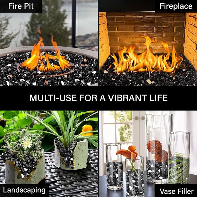 NUPICK 20 Pound Fire Glass, 1/4 Inch Reflective Fire Pit Glass | Tempered Fire Pit Rocks for Propane or Natural Gas, Glass Rocks for Fire Pit Table, Fireplace, Fire Bowl, Landscaping, Black